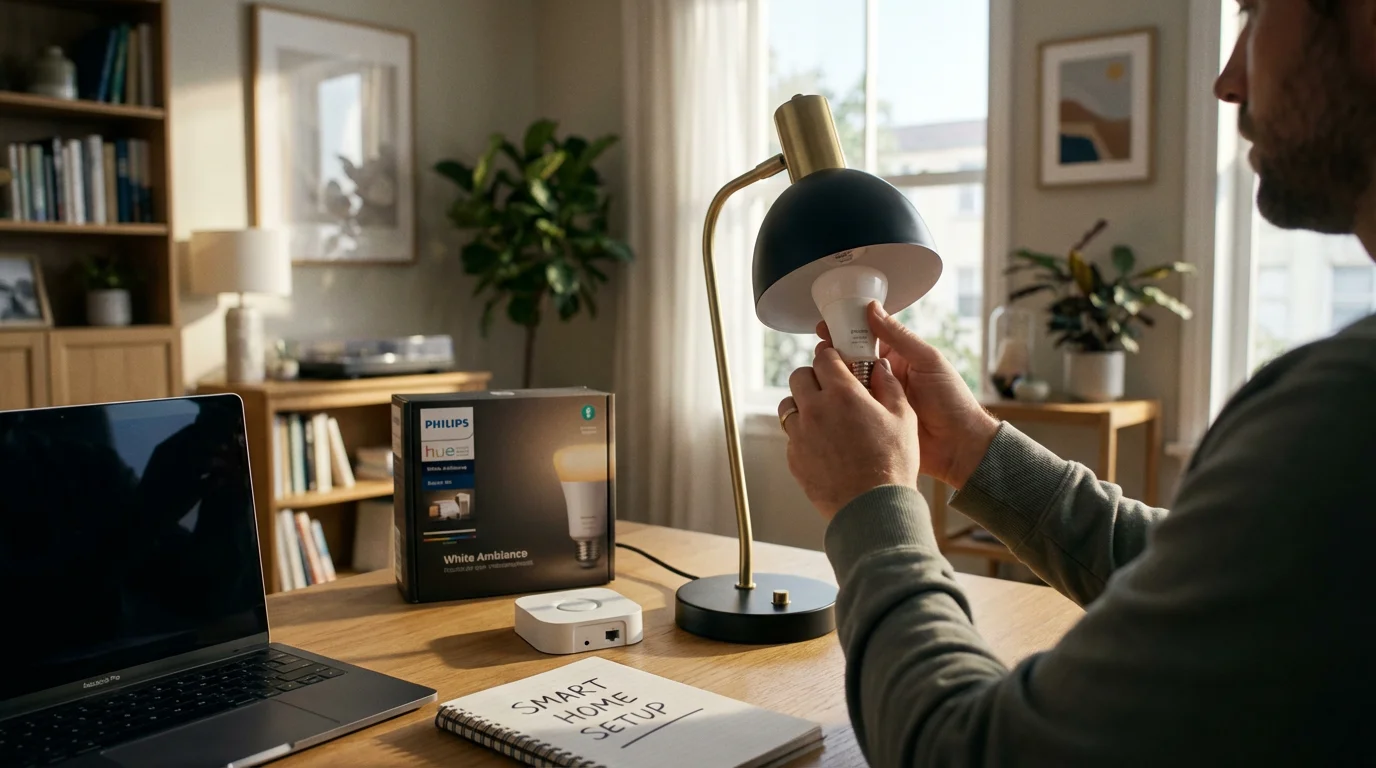 Person installing a smart bulb in a desk lamp in a sunlit home office.