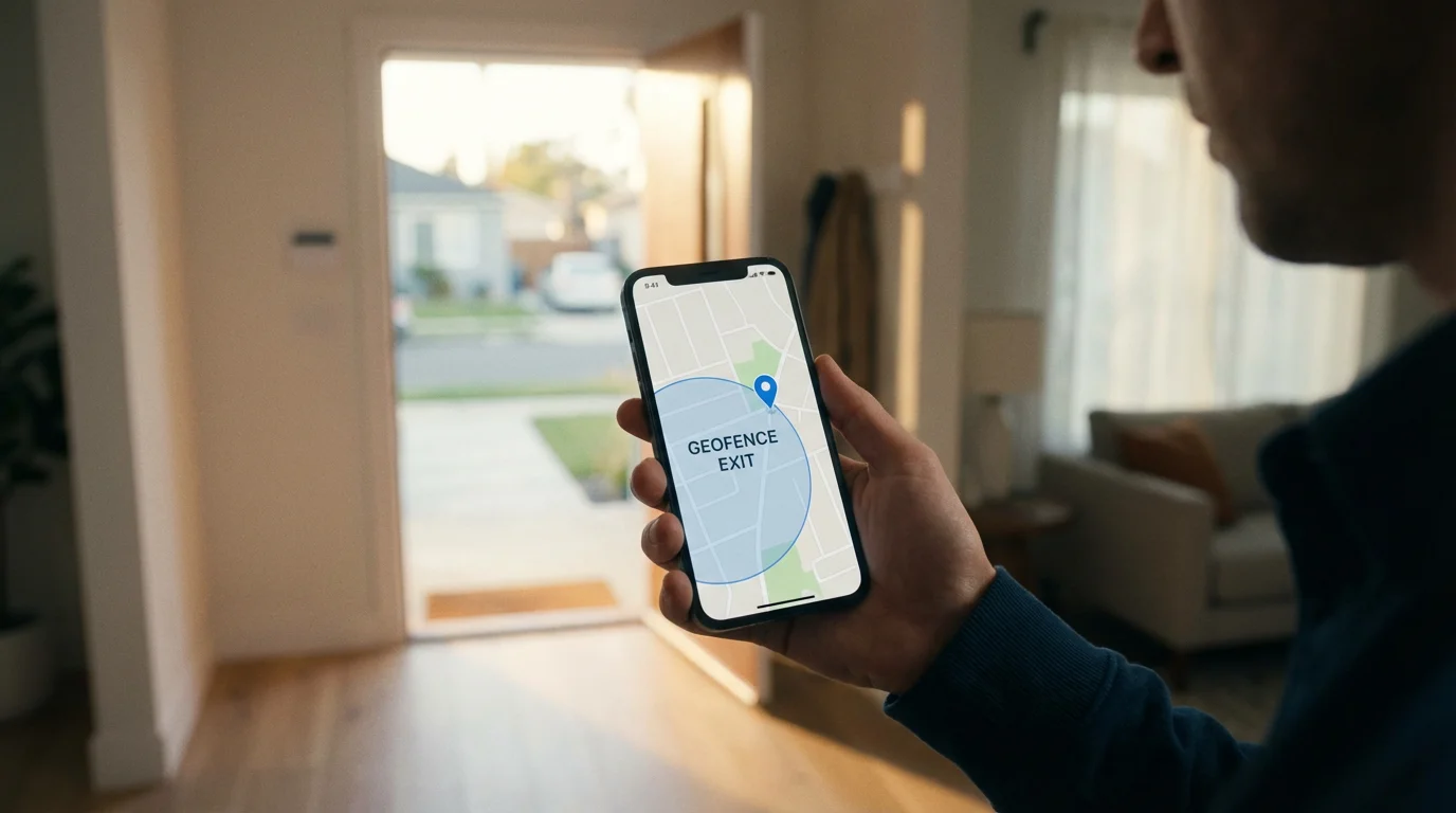 Person leaving home, smartphone screen shows a geofencing map indicating they are away.