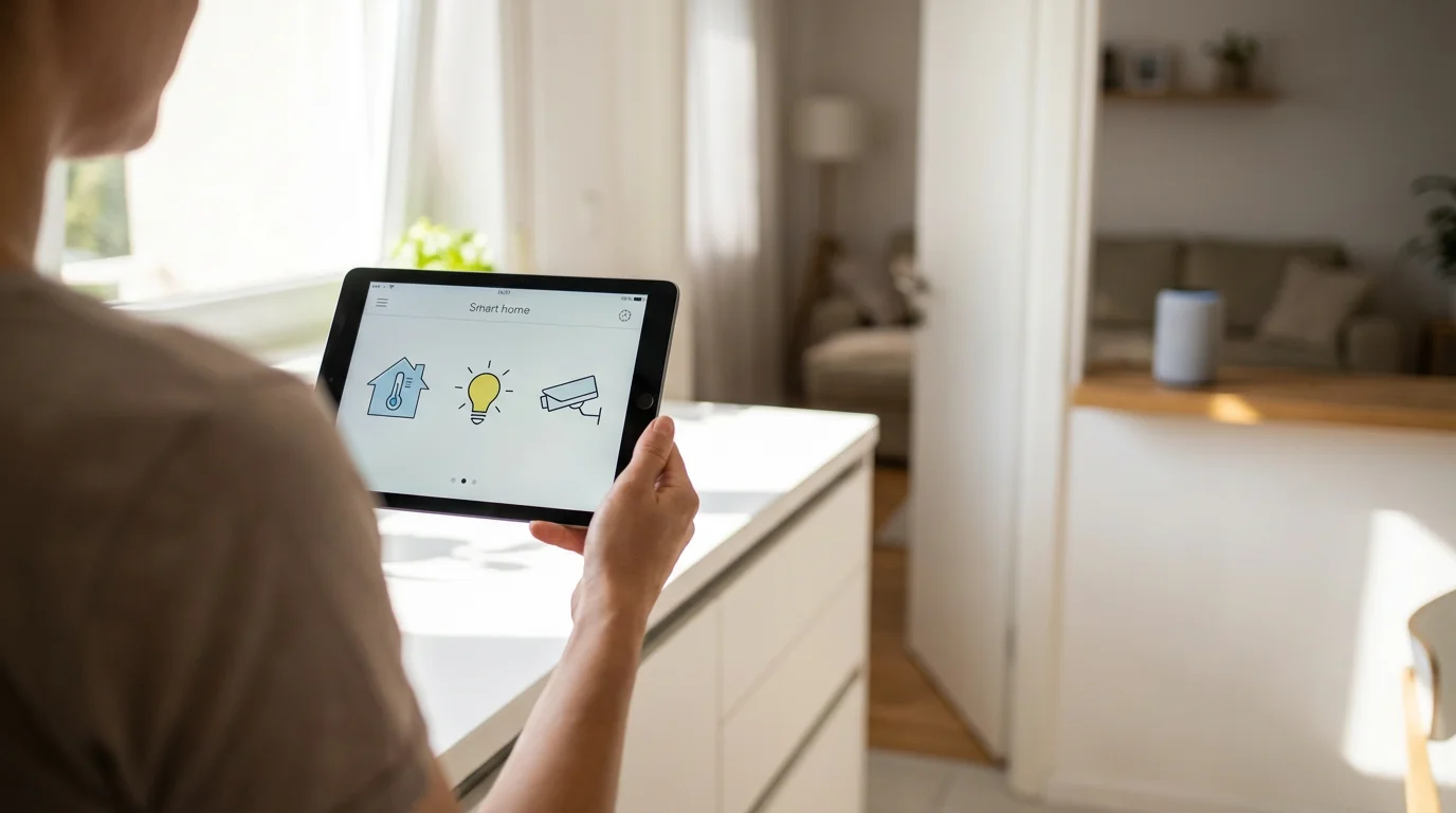 Person managing their smart home devices using a network app on a tablet.