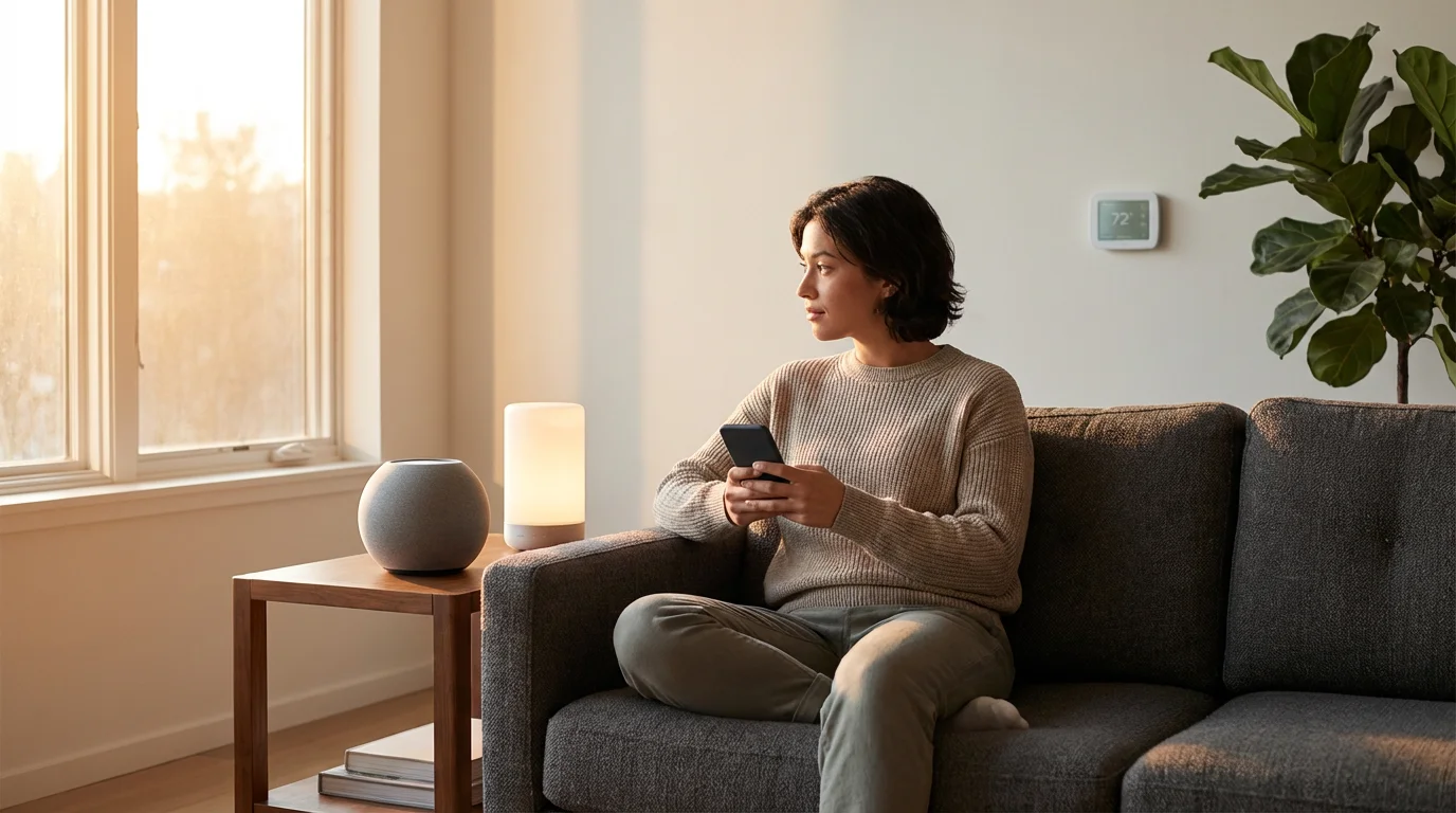 Person on a sofa with a smartphone looking at smart home devices during sunset.