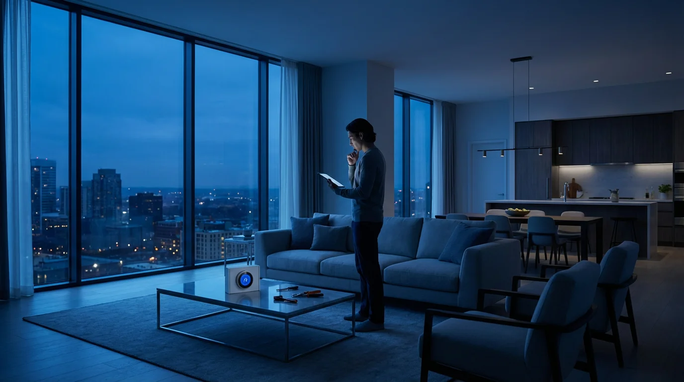 Person planning a smart home automation setup in a modern living room at dusk.