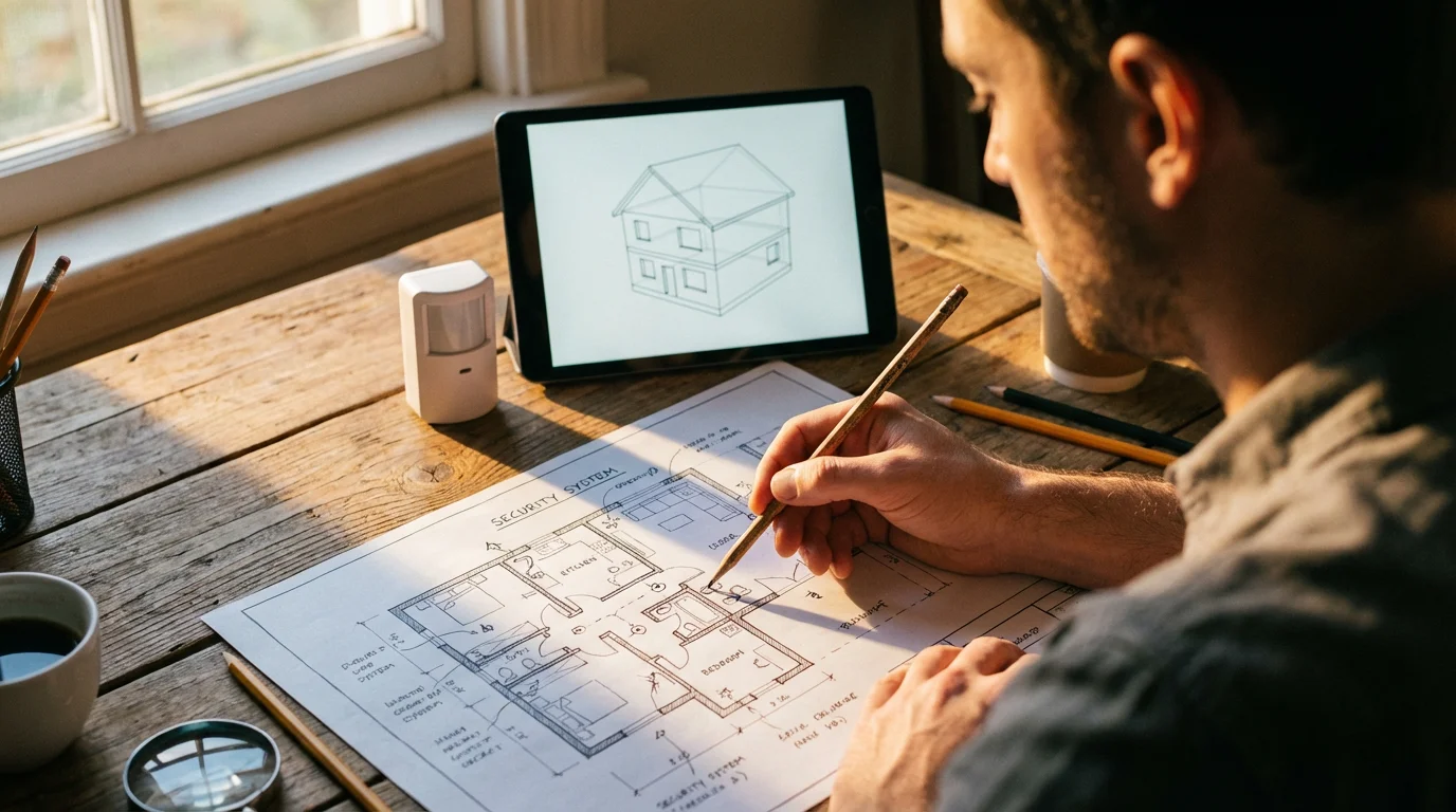 Person planning a smart security system layout on a home blueprint at sunset.