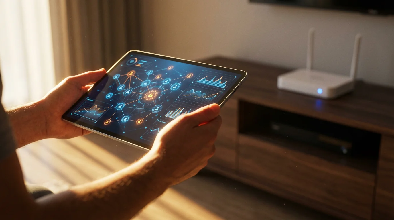 Person reviewing smart home network security on a tablet with a router in the background.
