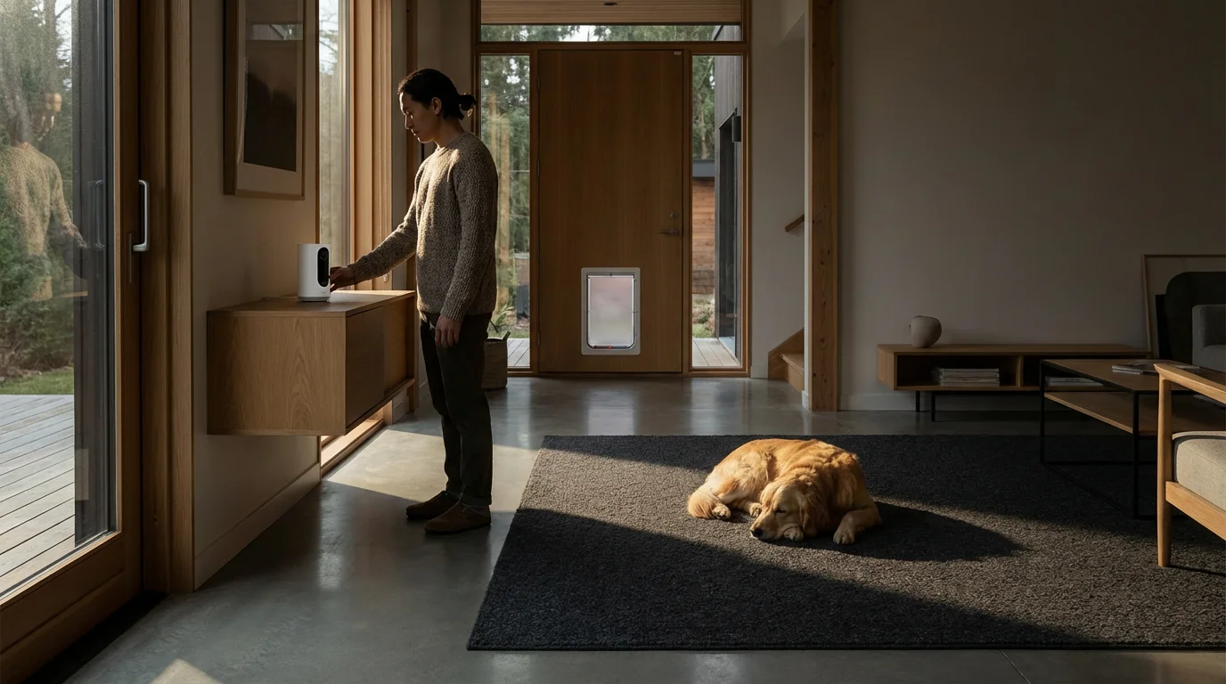 Person setting up a smart pet camera in a modern living room with a dog.