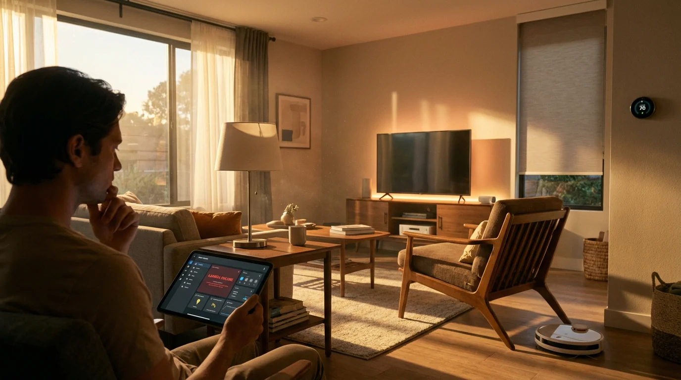 Person troubleshooting a faulty smart lamp within a complex smart home automation routine at sunset.