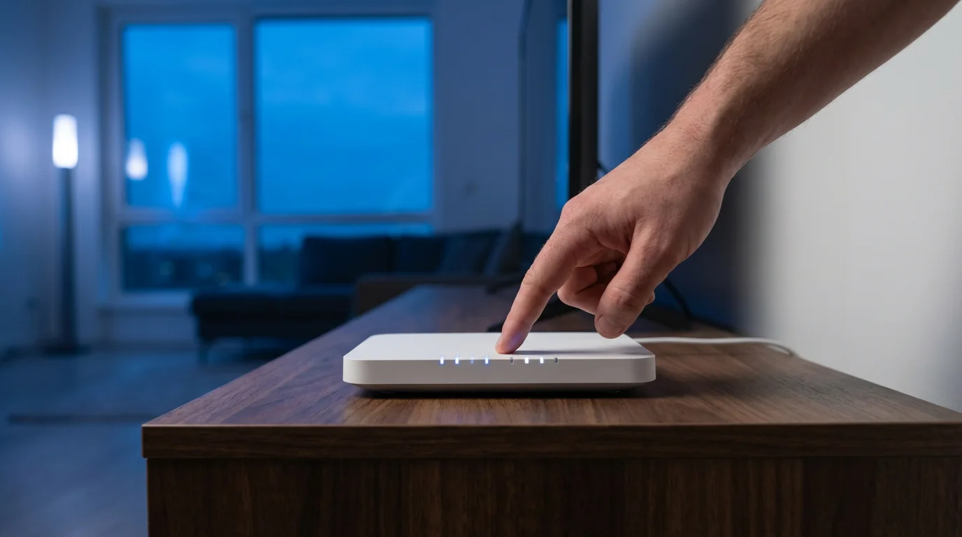 Person troubleshooting a Wi-Fi router with a malfunctioning smart lamp in the background.