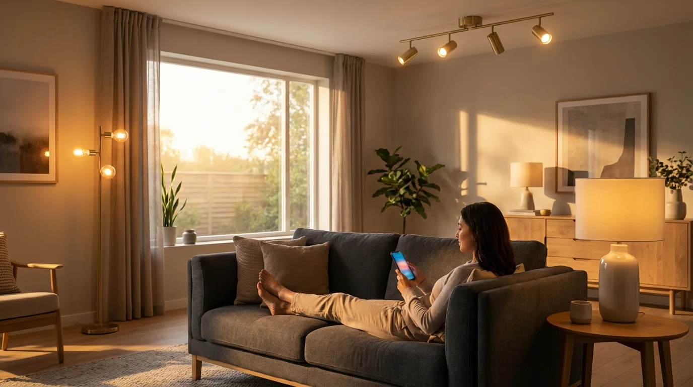 Person uses a smartphone to control smart bulbs in a sunlit living room at golden hour.