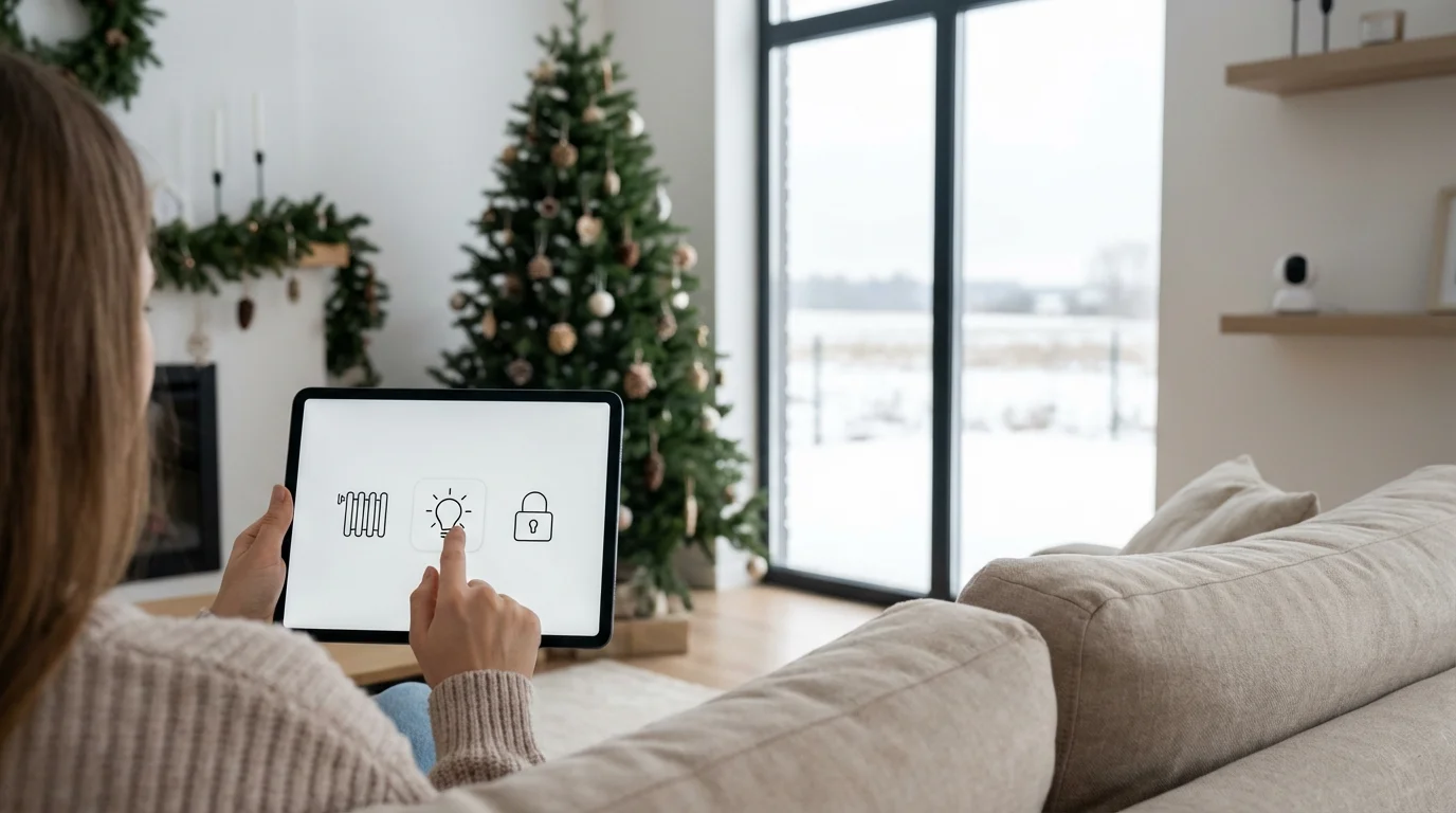 Person uses a tablet to control smart home holiday lights in a wintery living room.