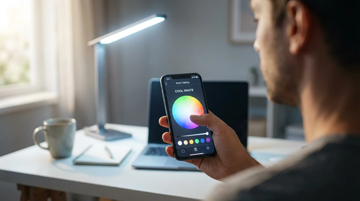 Person using a smartphone app to adjust a smart desk lamp in a home office.