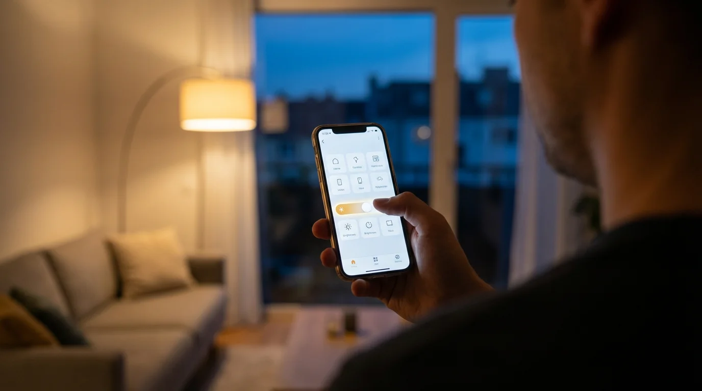 Person using a smartphone app to control smart lights in a living room at dusk.