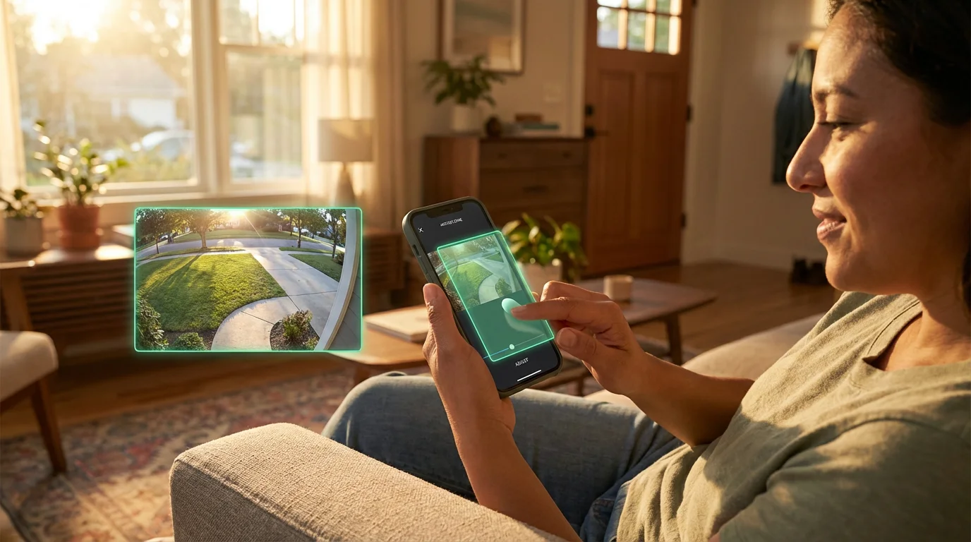 Person using a smartphone app to set security camera motion detection zones at home.