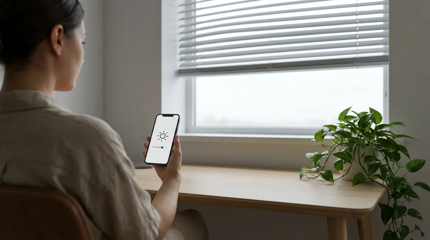 Person using a smartphone to automatically lower smart blinds in a modern home office.