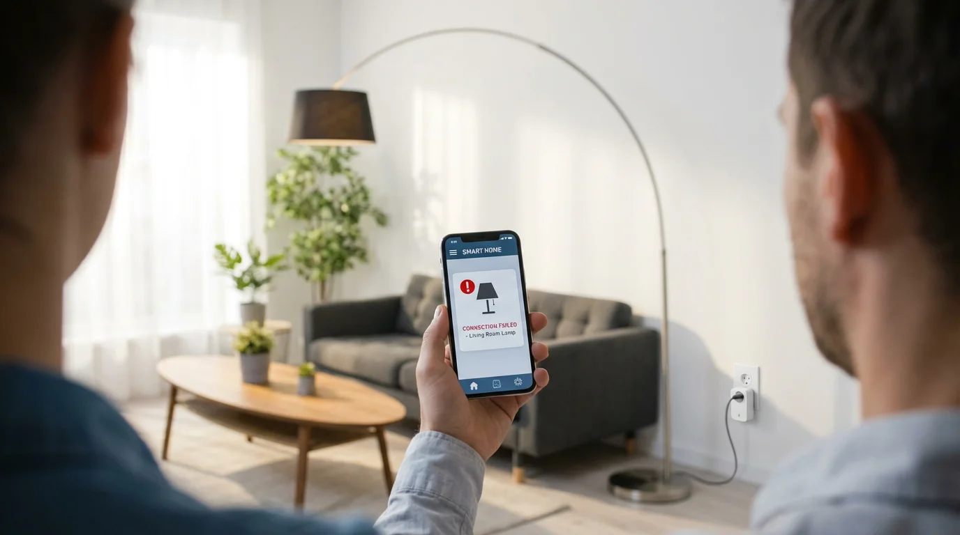 Person using a smartphone to troubleshoot an unresponsive smart plug in a living room.