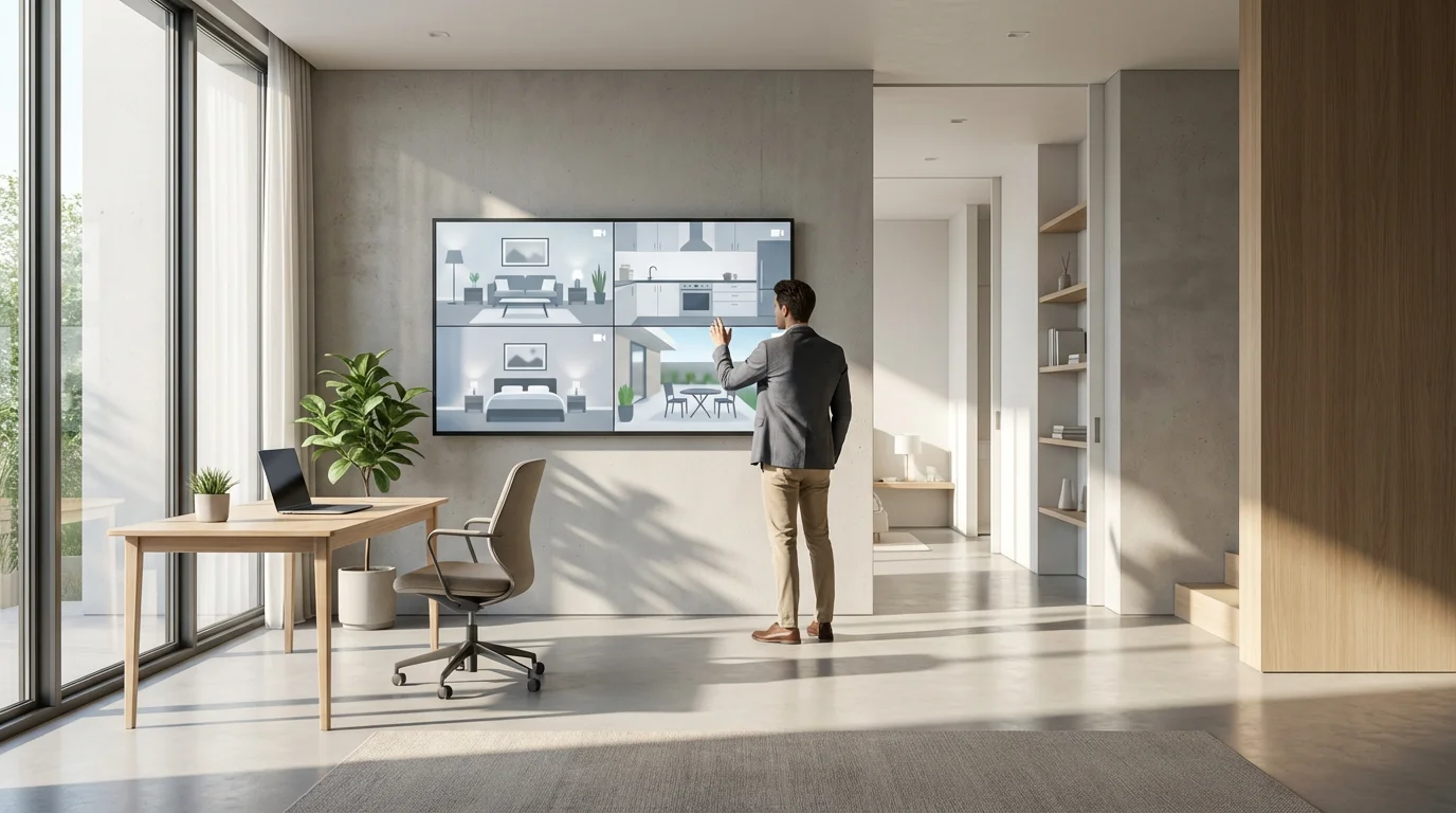 Person using a wall-mounted smart home security hub in a sunlit modern home office.