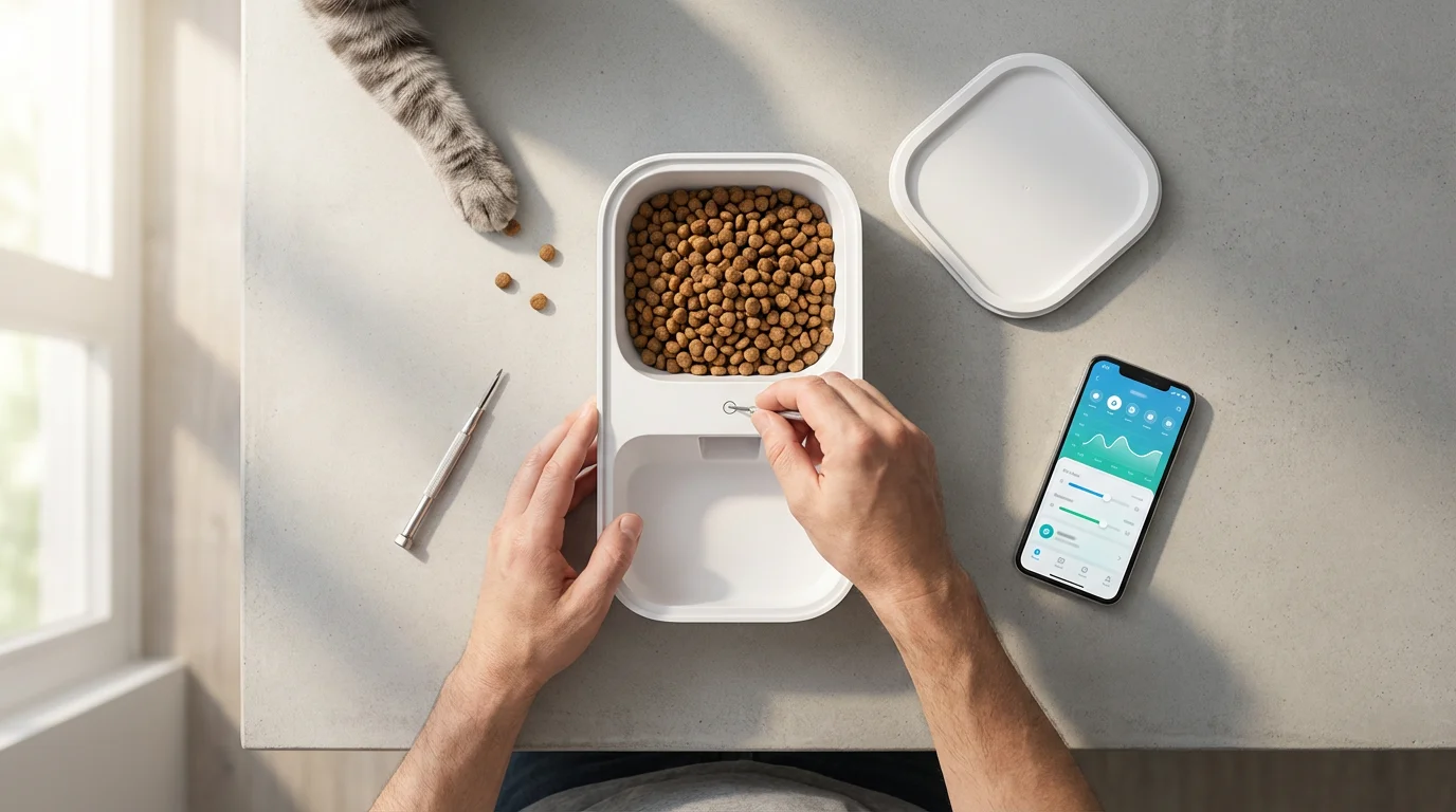 Person's hands fixing a smart pet feeder on a counter with a cat's paw.