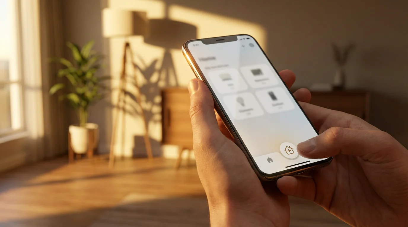 Person's hands holding a smartphone, using a generic smart home app in a living room.