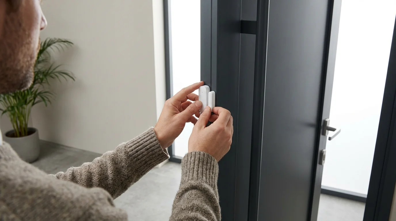 Person's hands installing a white smart security sensor on a modern door frame.