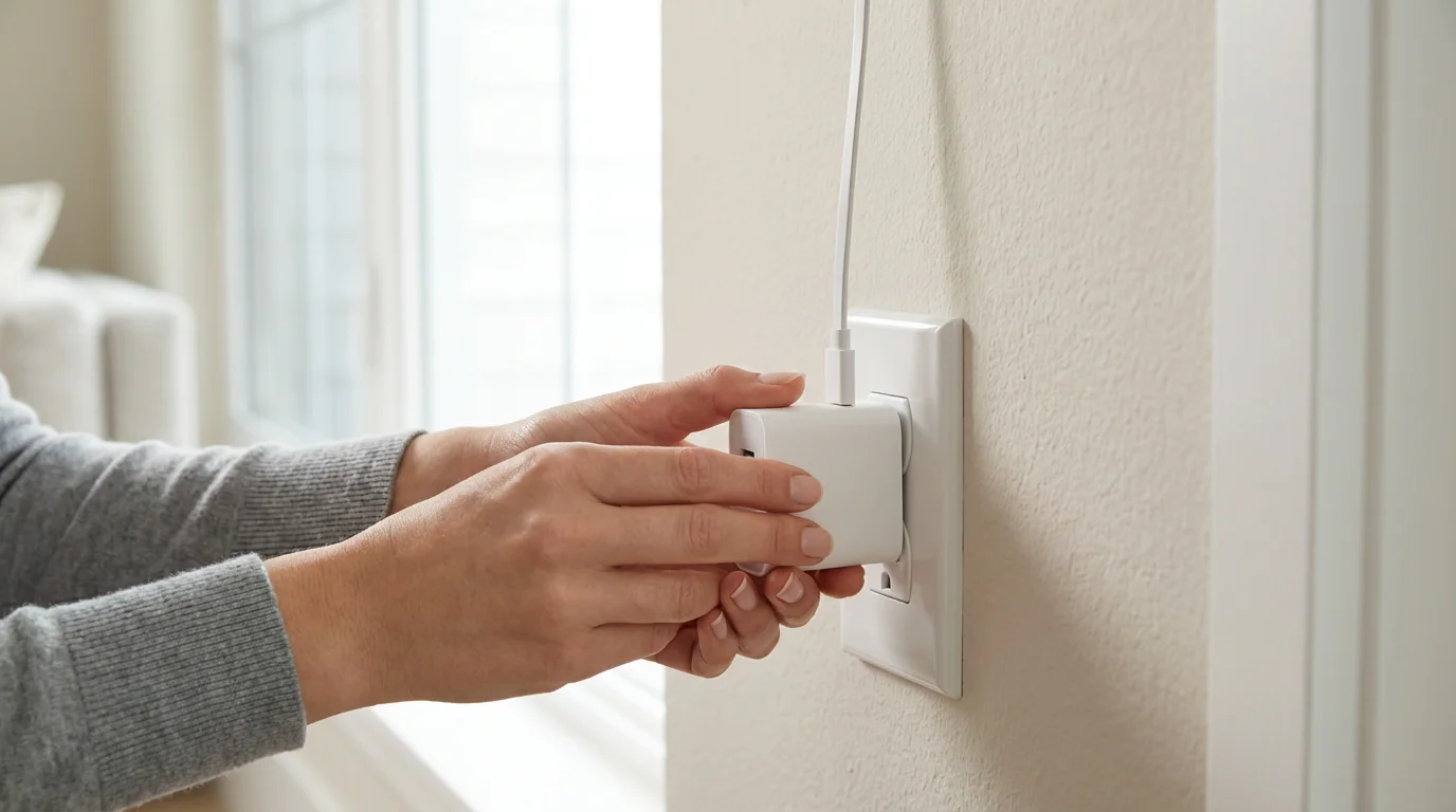 Person's hands plugging a C-wire power adapter into a wall outlet for a thermostat.