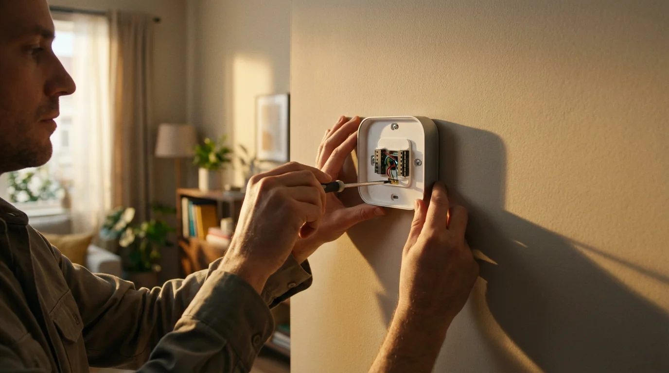 Person's hands using a screwdriver to install a smart thermostat on a wall during golden hour.