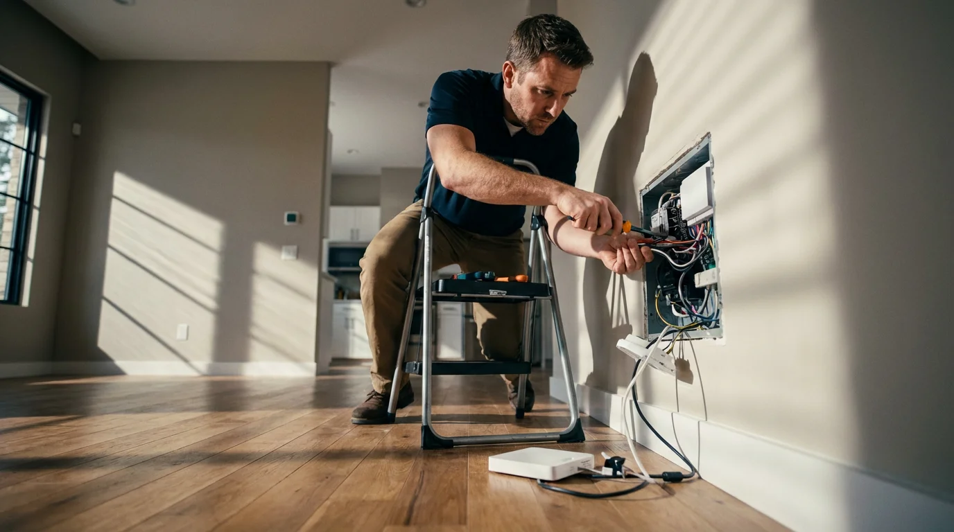 Professional technician on a ladder installing complex smart home wiring inside a modern home's wall.