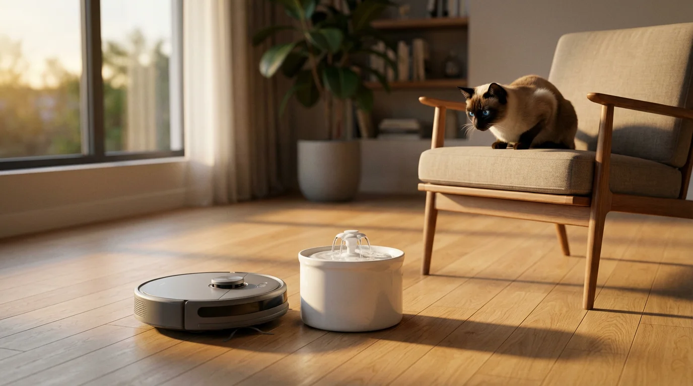 Siamese cat on a chair watches a robotic vacuum and smart water fountain.