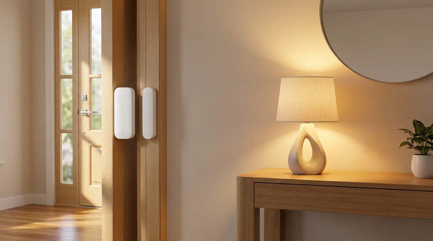 Smart door sensor in a modern entryway with an automated lamp turning on.