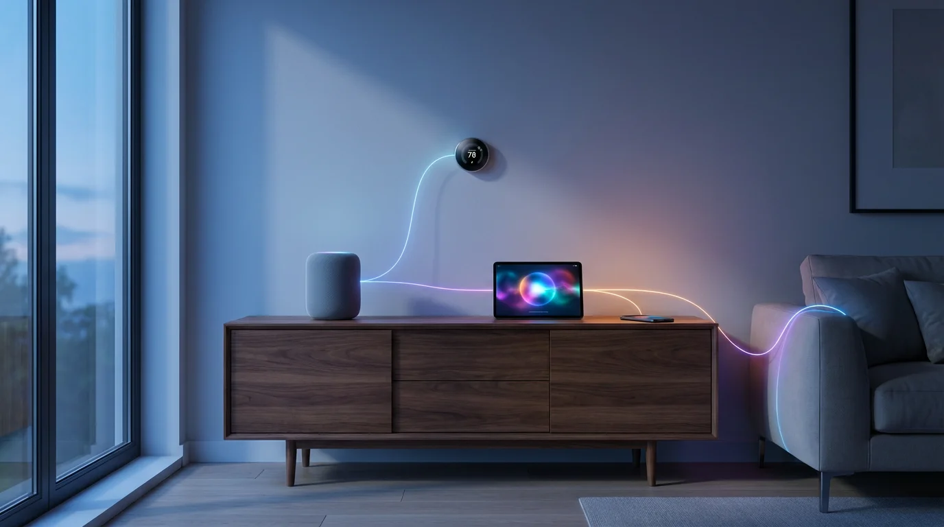 Smart home devices in a living room connected by glowing lines of light.