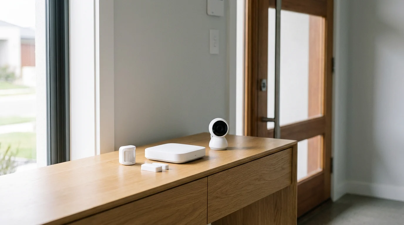 Smart security system components including a hub, camera, and sensors on a console table.