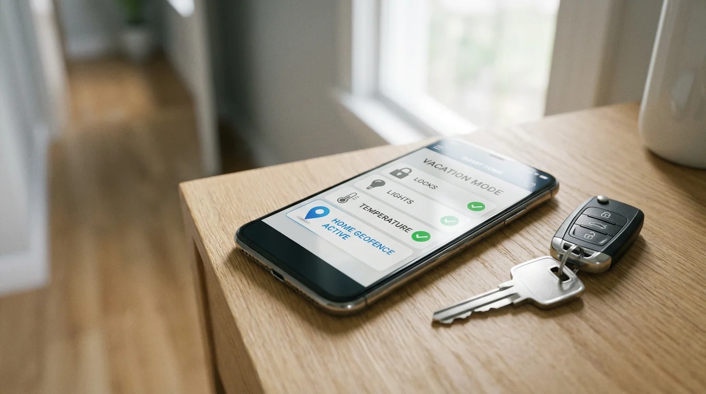 Smartphone displaying a smart home vacation checklist app with geofencing active, beside house keys.