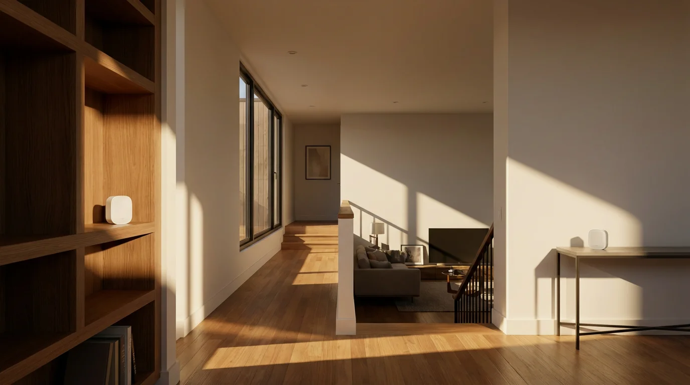 Split-level modern home with smart room sensors in two different zones during sunset.