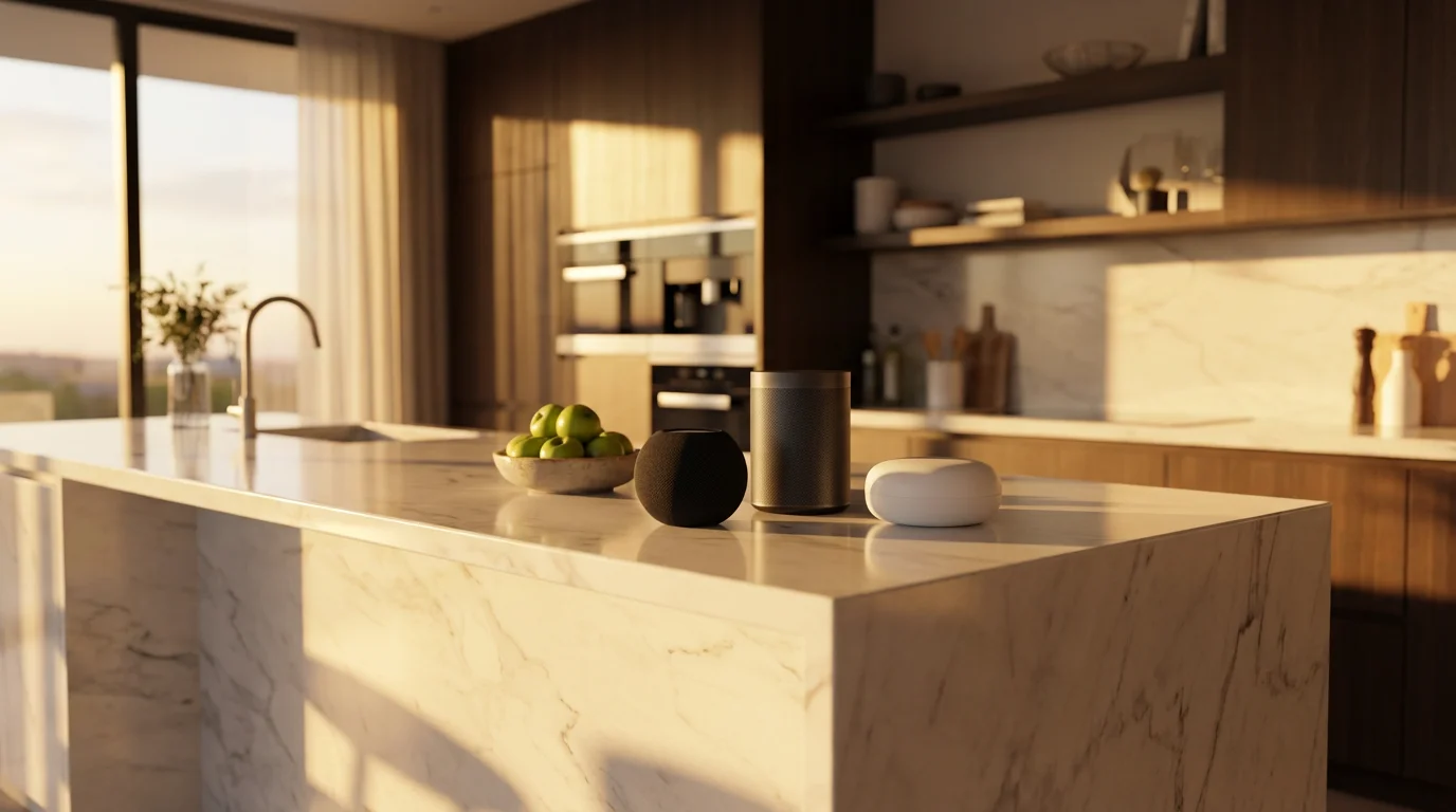 Three different generic smart speakers arranged on a modern kitchen island at golden hour.