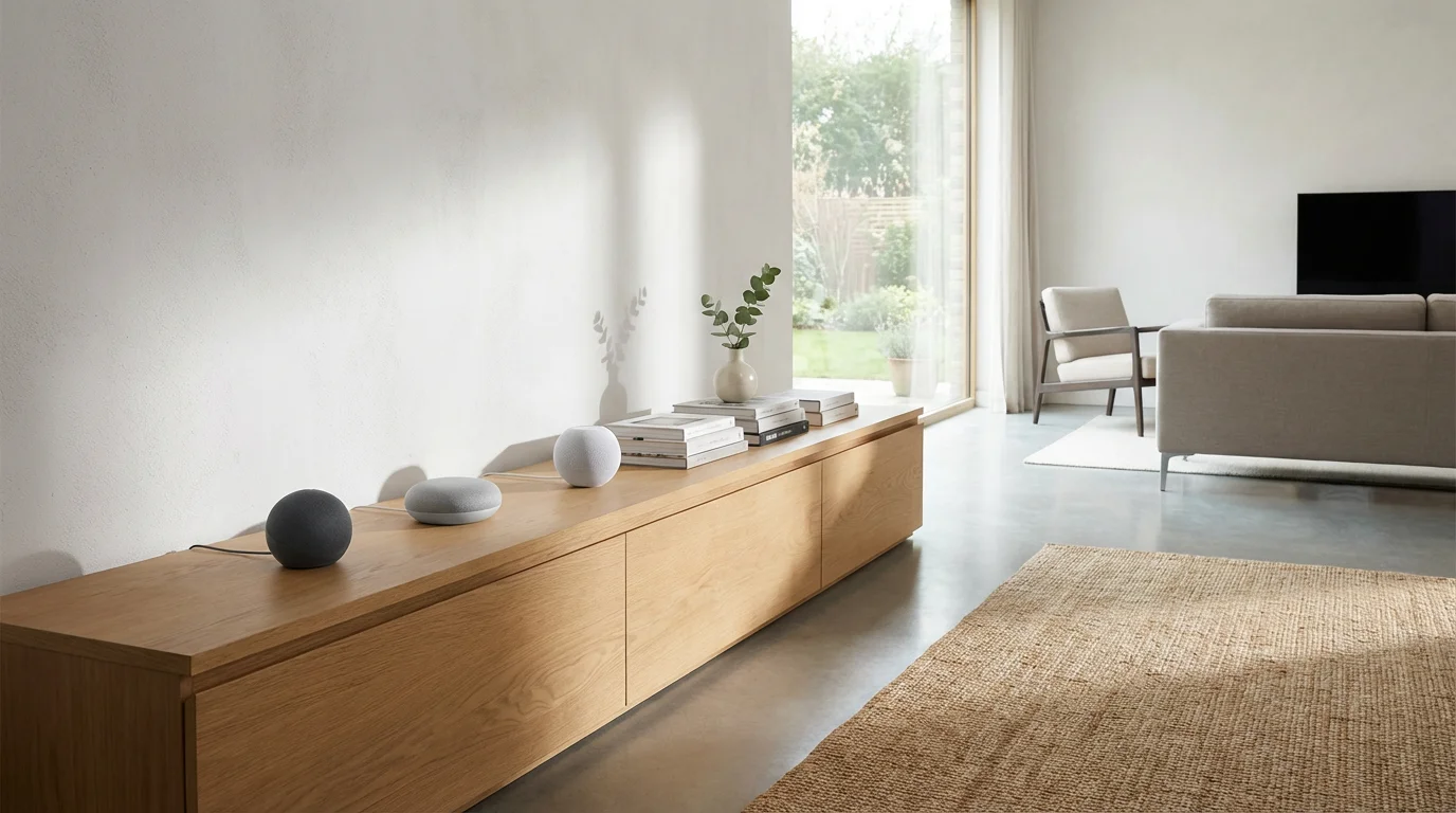 Three different generic smart speakers on a wooden console in a sunlit modern room.