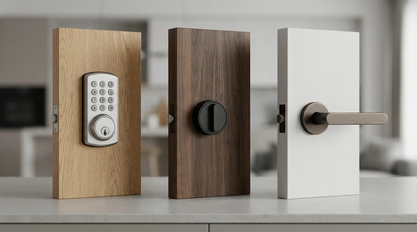 Three different modern smart locks mounted on wood panels for comparison on a countertop.