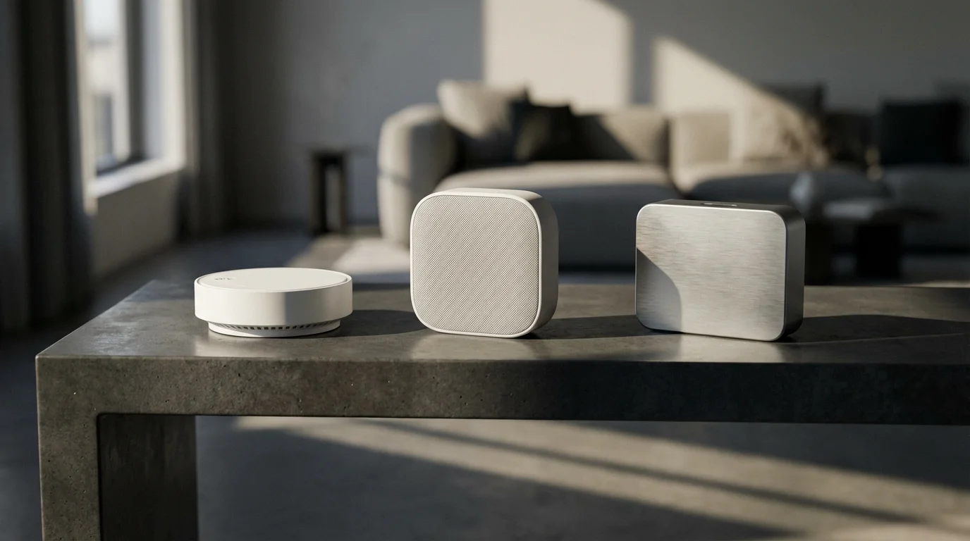 Three different modern smart smoke detectors on a concrete table in afternoon light.