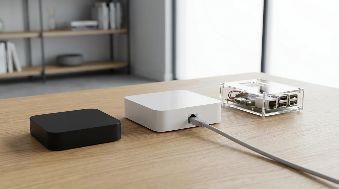 Three different smart home hubs on a modern wood desk representing platform choices.