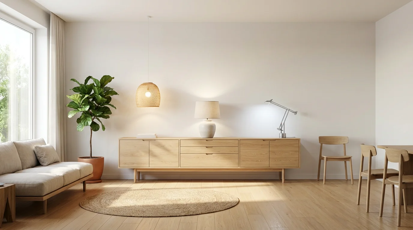 Three different smart lamps with varying light colors on a console table at sunrise.