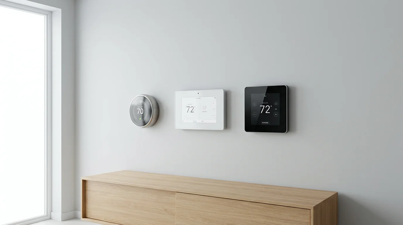 Three different smart thermostats mounted on a clean, modern wall for comparison.