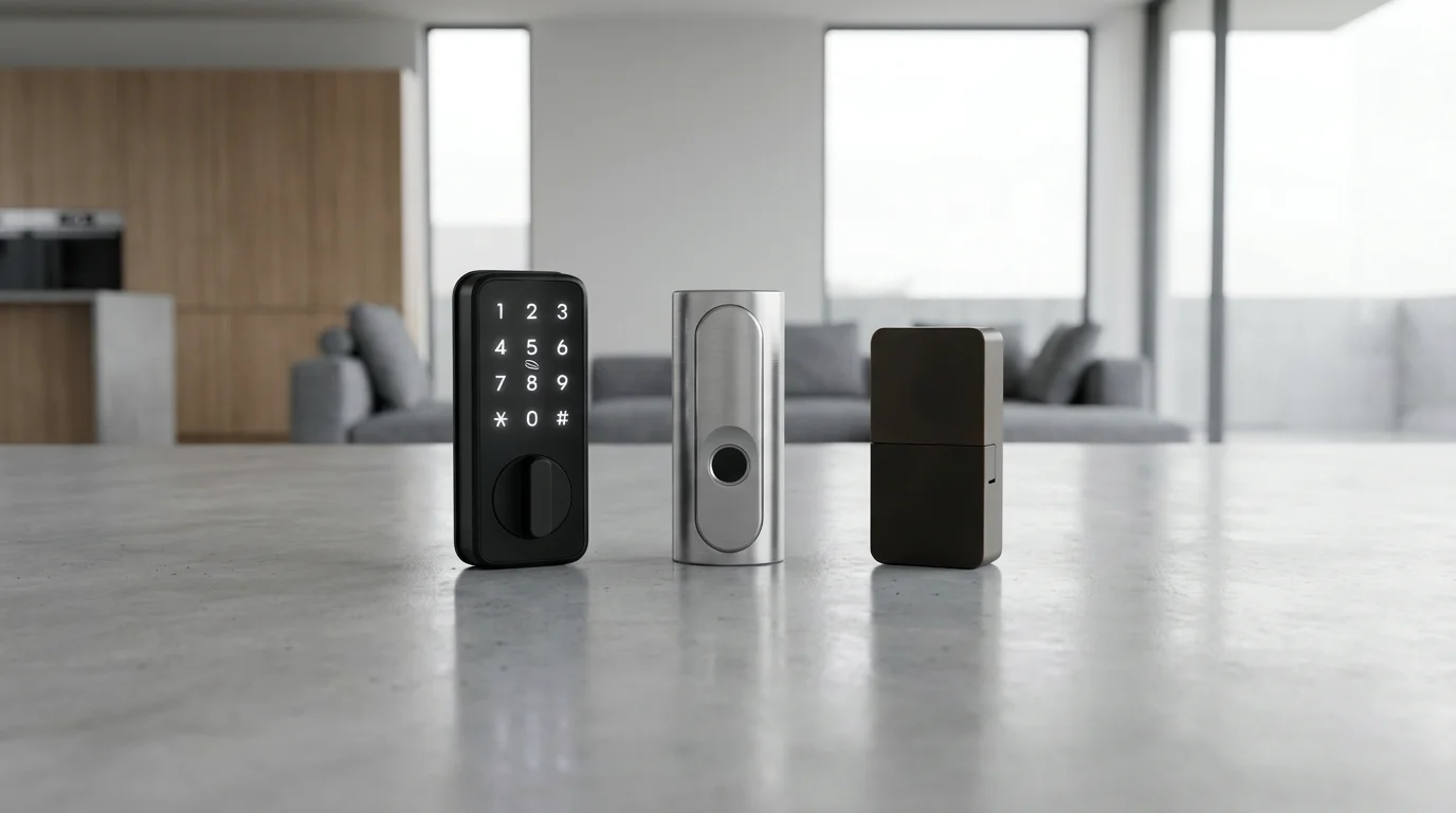 Three different types of modern smart locks displayed in a row on a countertop.
