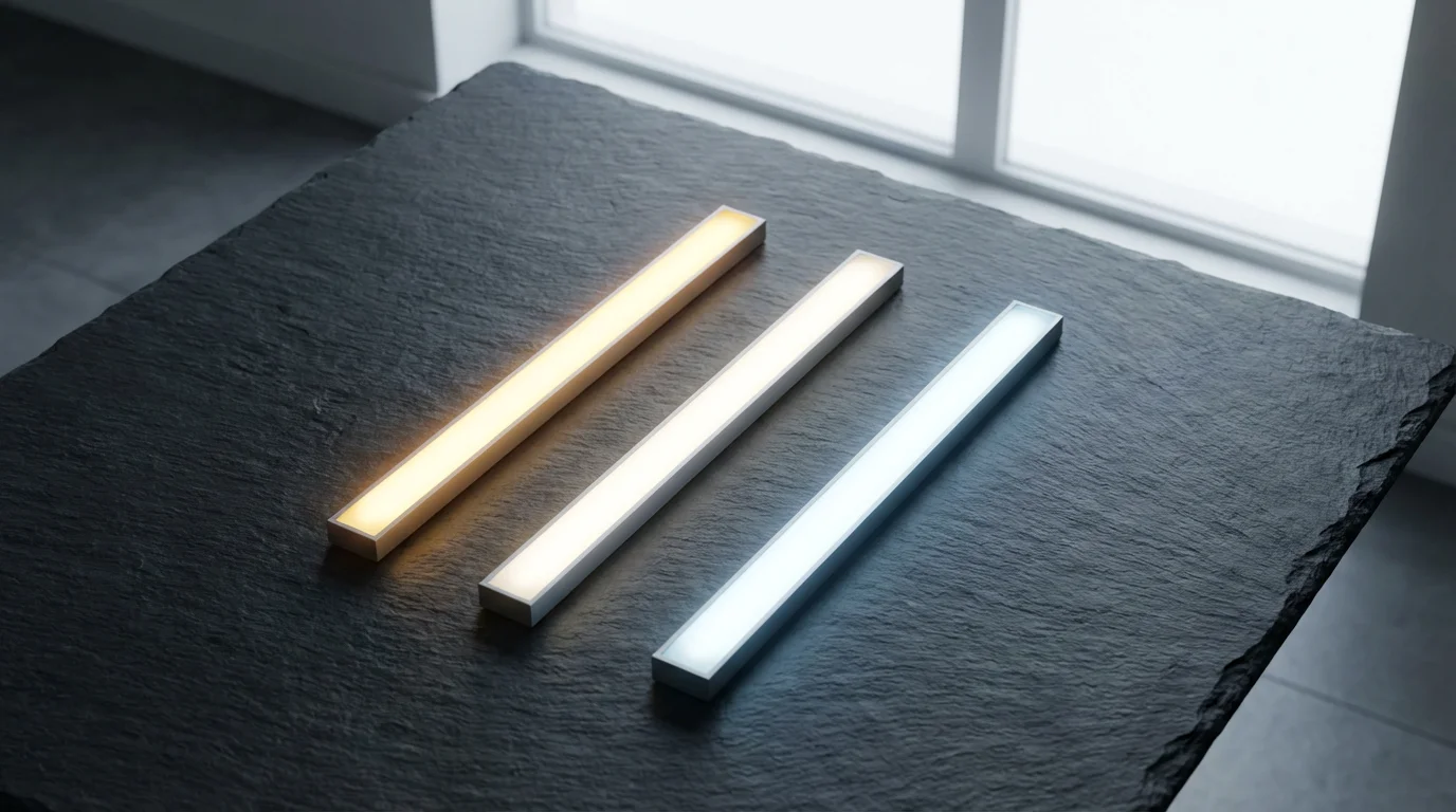 Three smart LED light strips showing warm, neutral, and cool white light temperatures.