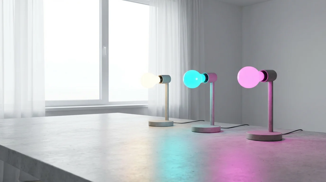 Three smart light bulbs in modern lamps on a desk, each glowing a different color.