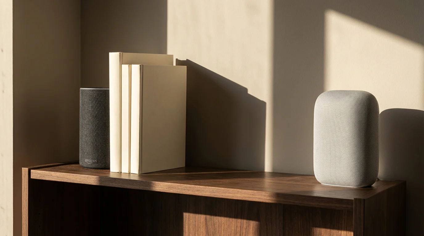 Two different smart home voice assistants on a wooden bookshelf in moody afternoon light.