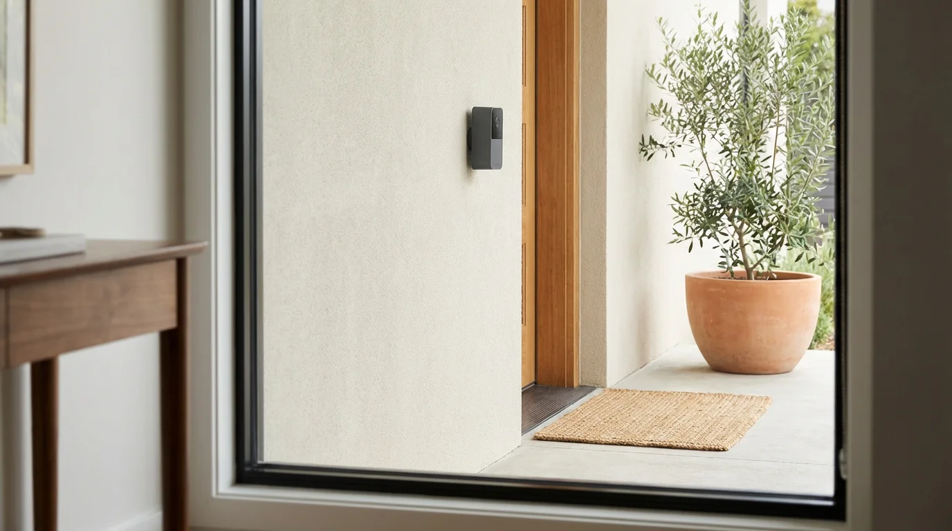 View from inside a home looking out at an outdoor security camera monitoring the front door.