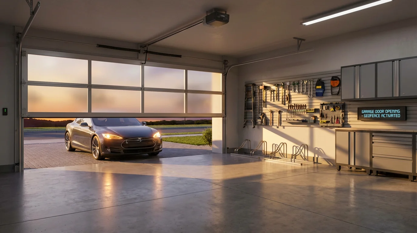View from inside a modern garage as the door automatically opens for an approaching car.
