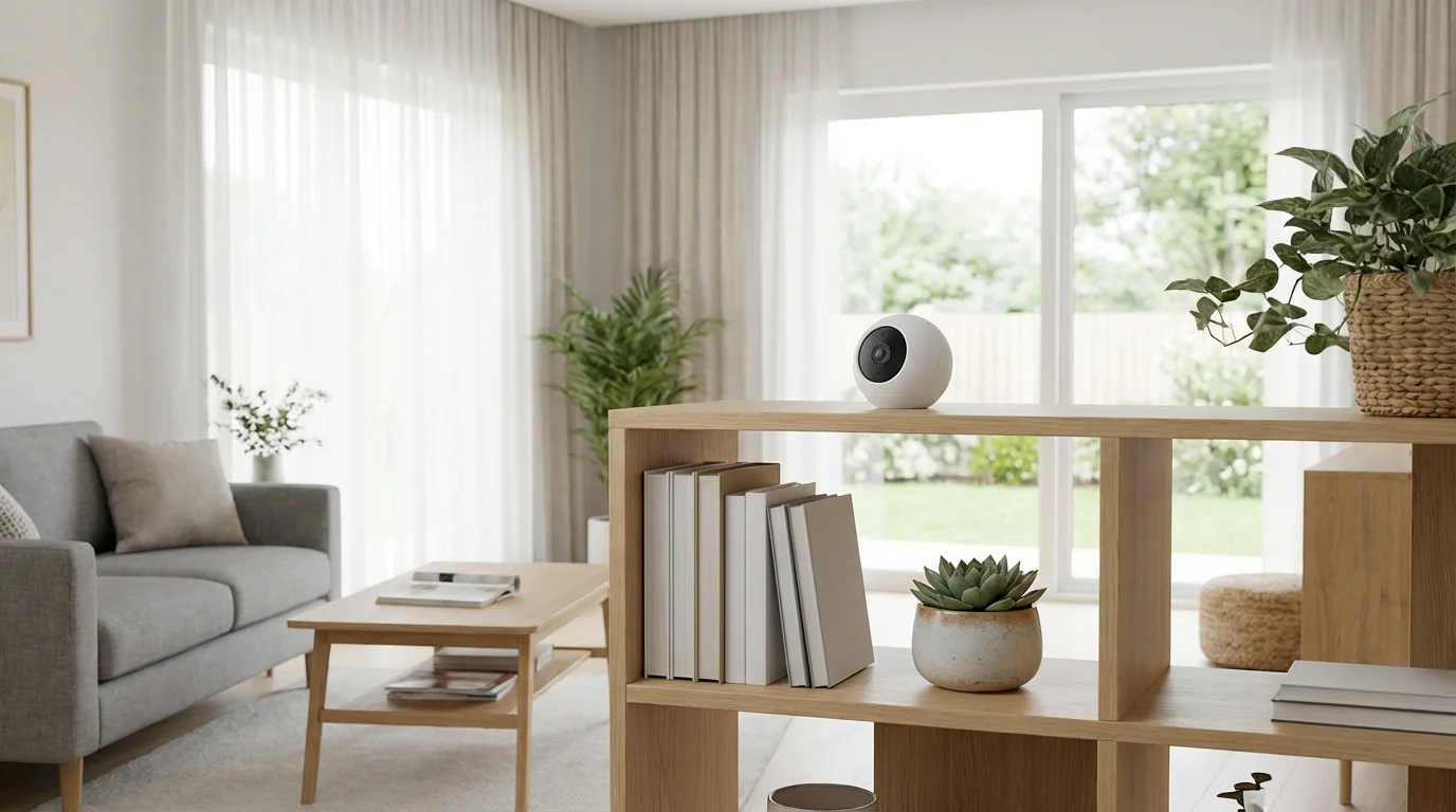 Wide environmental shot of a modern living room with a discreet security camera on a bookshelf.