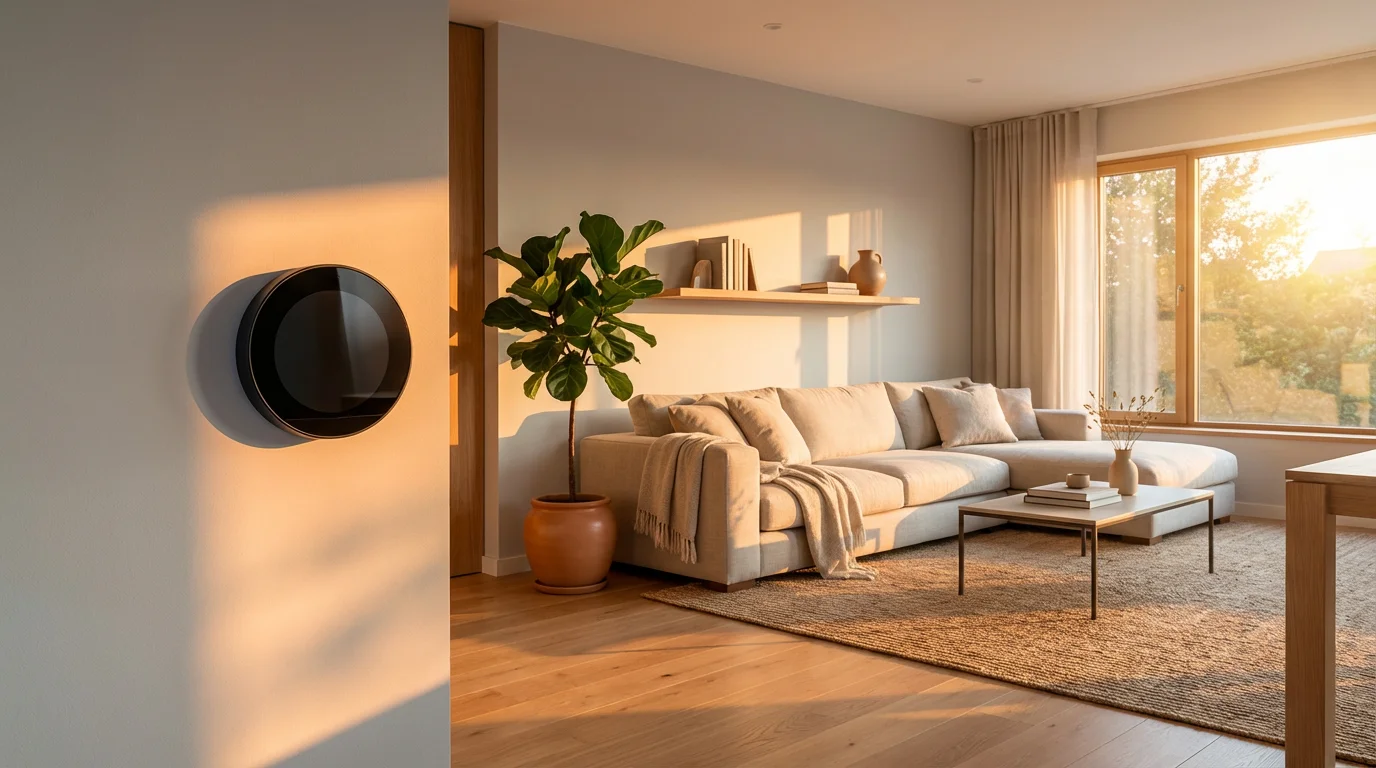 Wide environmental shot of a modern living room at golden hour with a smart thermostat.