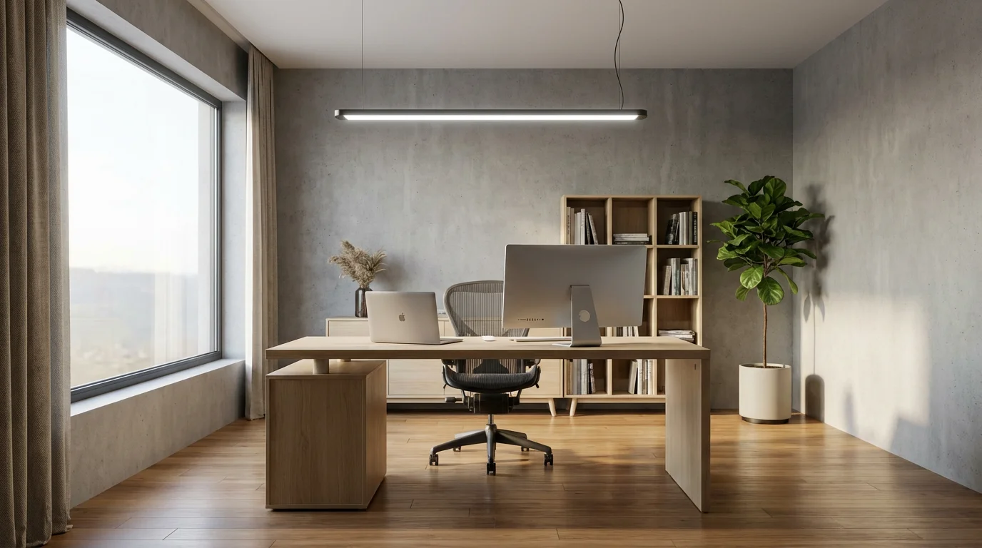 Wide shot of a clean, modern home office with cool-toned overhead smart lighting.