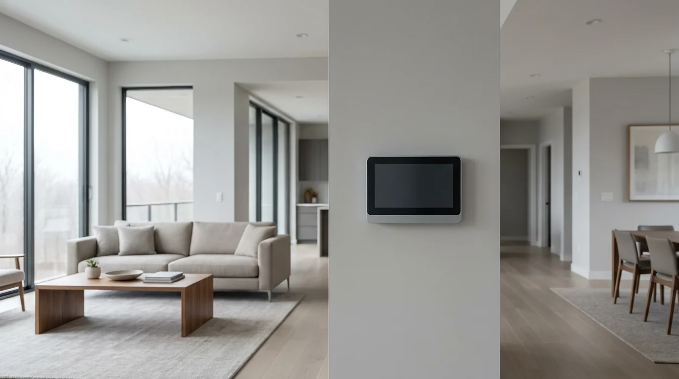 Wide shot of a modern home interior with a smart thermostat on the wall.