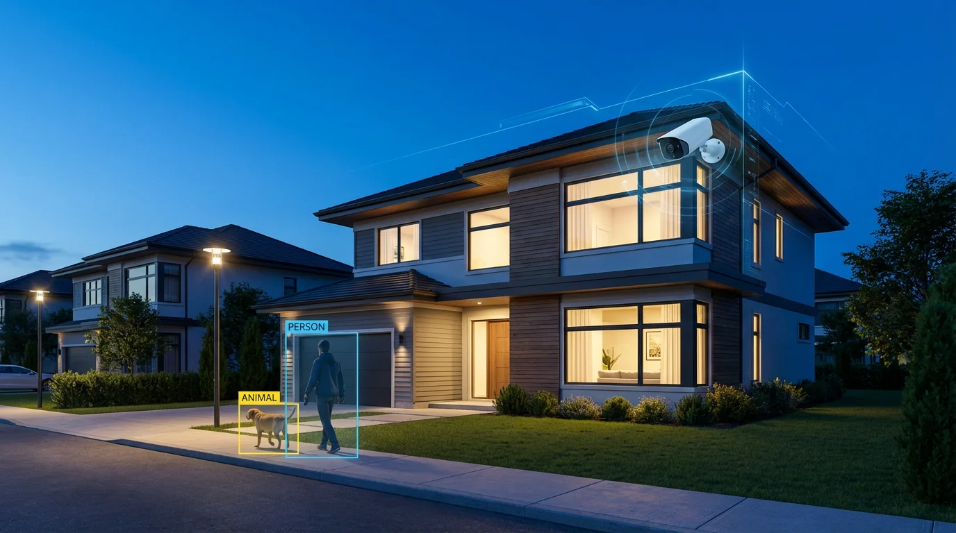 Wide shot of a modern house at dusk with a security camera's AI view.