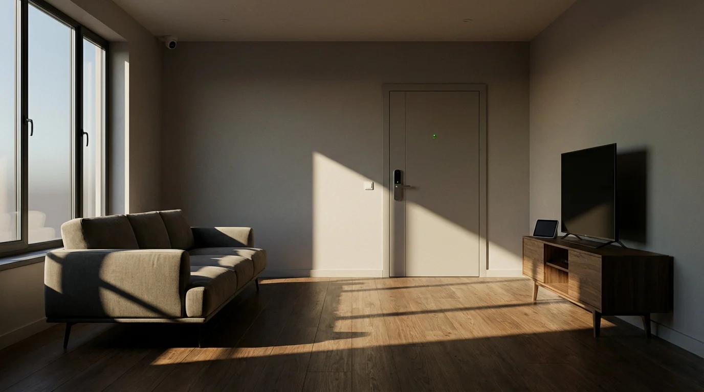 Wide shot of a modern living room with smart lock and security camera.