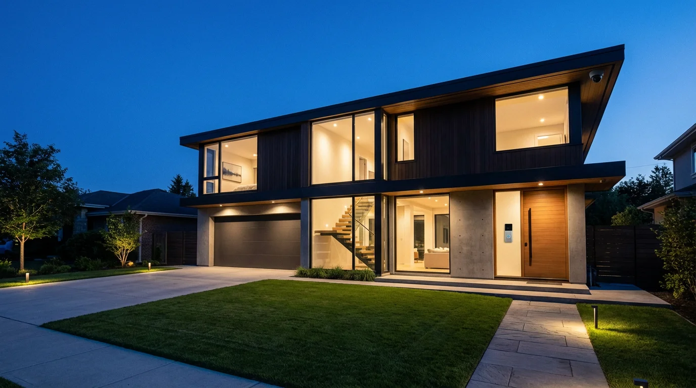 Wide shot of a modern smart home at dusk with integrated security cameras.